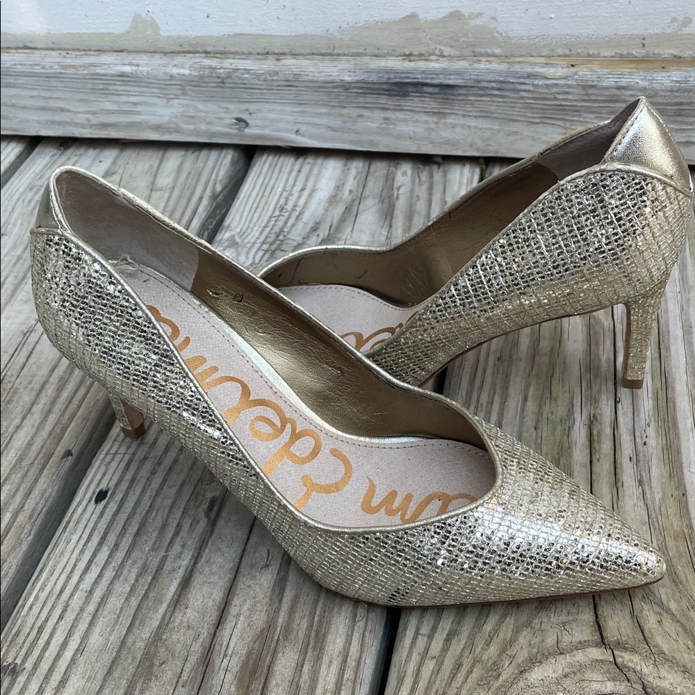 EUC- Sam Edelman "Orella" Gold Metallic Sparkle Pointed Toe Heels Size 6